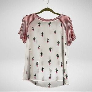 Le Lis Red and White Striped Sleeve Cactus Print Top Size Small